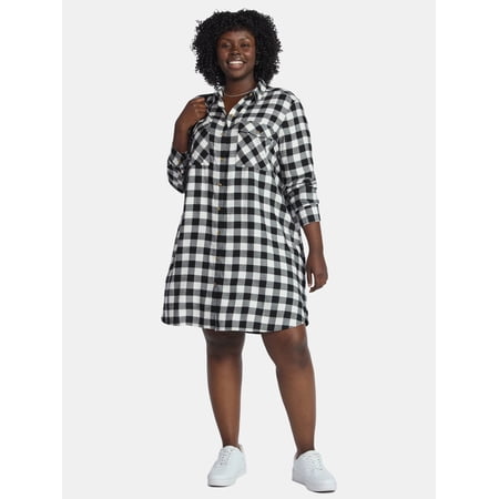 Terra & Sky Women's Plus Cotton Plaid Oversized Shirtdress, Sizes 0X-5X