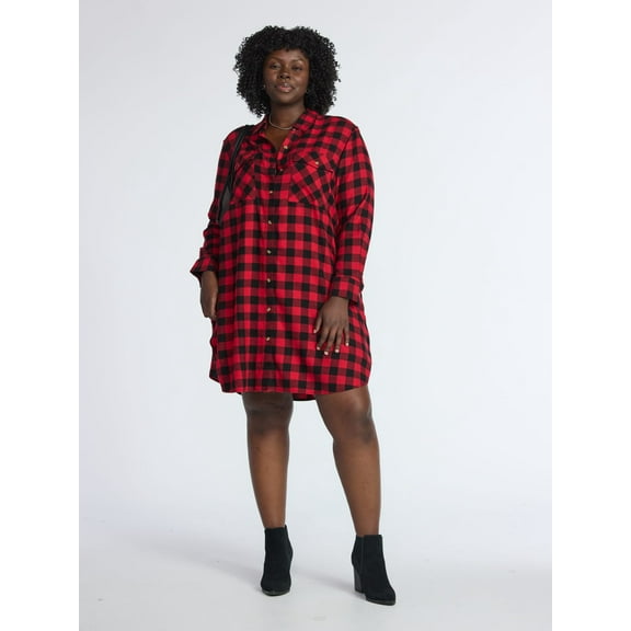Terra & Sky Women's Plus Cotton Plaid Oversized Shirtdress, Sizes 0X-5X