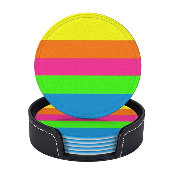PLAIN SOLID NEON FLUORESCENT RAINBOW STRIPES 5 COLORS Coasters With Leather Holder Set Of 6 Round Coasters for Home and Kitchen Decor