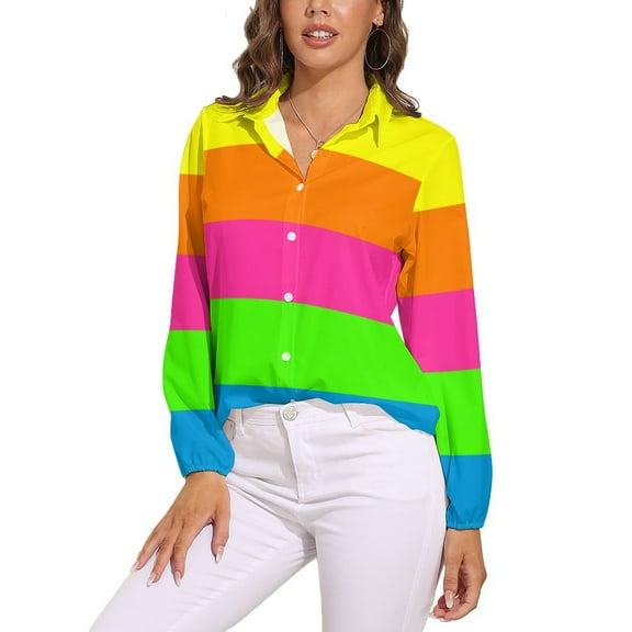 PLAIN SOLID NEON FLUORESCENT RAINBOW STRIPES 5 COLORS Long Sleeve Blouse Woman Streetwear Casual Shirts Summer Oversize Woman Streetwear Clothing Birthday Present