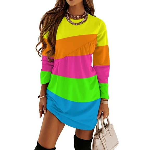 PLAIN SOLID NEON FLUORESCENT RAINBOW STRIPES 5 COLORS Loose Dress Evening Dress Summer Dresses for Women Luxury Dress Long Sleeved Dress
