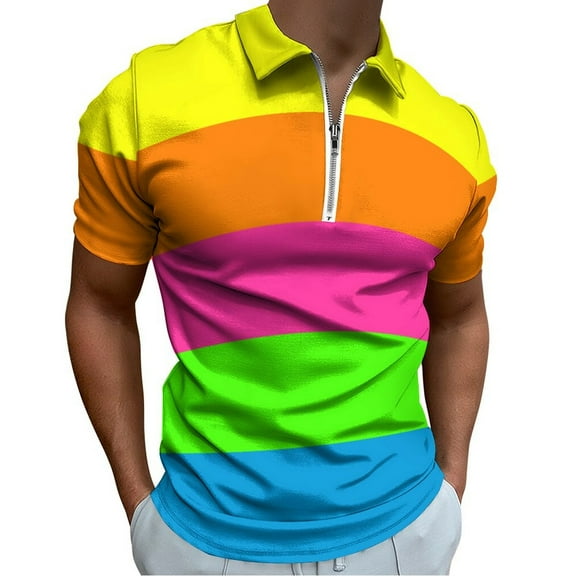 PLAIN SOLID NEON FLUORESCENT RAINBOW STRIPES 5 COLORS Men Zipper T-shirt Summer Casual Short Sleeve T-shirt Top