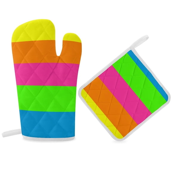 PLAIN SOLID NEON FLUORESCENT RAINBOW STRIPES 5 COLORS Oven Gloves And Pots Stand Set Oven Gloves And Pot Racks Pot Racks And Oven Gloves Set