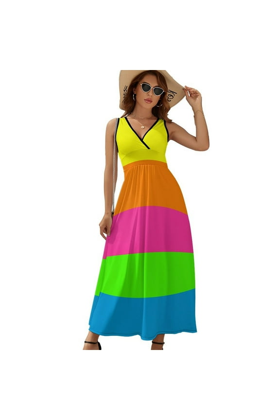 PLAIN SOLID NEON FLUORESCENT RAINBOW STRIPES 5 COLORS Sleeveless Dress Dresses Women Summer Evening Dresses Ladies Bohemia Long Dresses