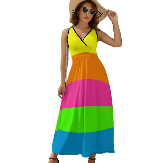 PLAIN SOLID NEON FLUORESCENT RAINBOW STRIPES 5 COLORS Sleeveless Dress Dresses Women Summer Evening Dresses Ladies Bohemia Long Dresses