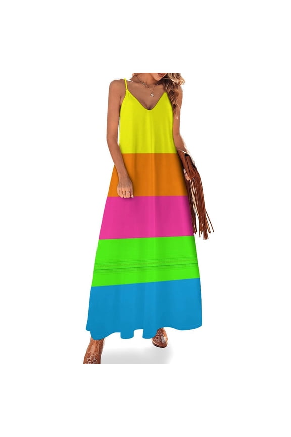 PLAIN SOLID NEON FLUORESCENT RAINBOW STRIPES 5 COLORS Sleeveless Dress Loose Women's Dress Dresses Luxury Evening Dresses