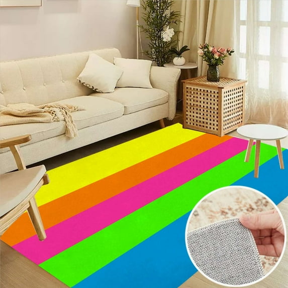 PLAIN SOLID NEON FLUORESCENT RAINBOW STRIPES 5 COLORS Soft Large Area Rugs Washable Rug With Non-Slip Backing Carpet For Living Room Bedroom Kitchen