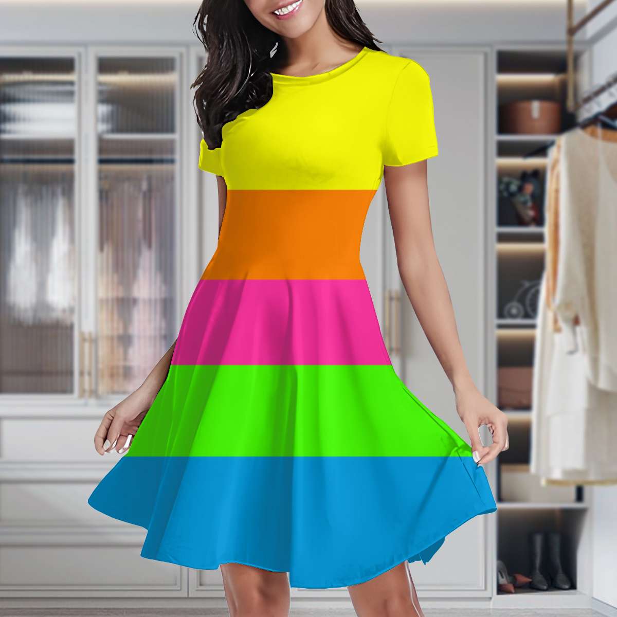 PLAIN SOLID NEON FLUORESCENT RAINBOW STRIPES 5 COLORS Women's Classic Swing  Skater Dress Casual Work Party Cocktail Dresses - Walmart.com