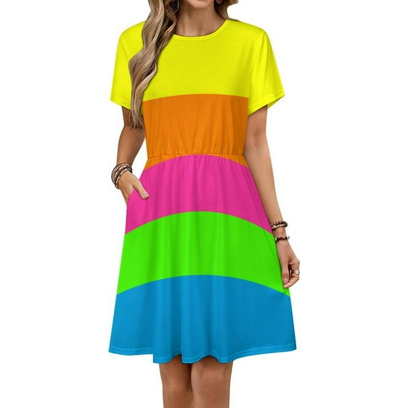 PLAIN SOLID NEON FLUORESCENT RAINBOW STRIPES 5 COLORS Women's Dress Short Sleeve Summer Sundress Summer Women Clothes
