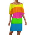 thumbnail image 1 of PLAIN SOLID NEON FLUORESCENT RAINBOW STRIPES 5 COLORS Women's Off The Shoulder Ruffles Summer Wedding Guest Loose Casual Party Beach Dress, 1 of 9