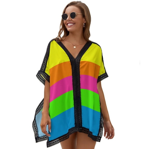 PLAIN SOLID NEON FLUORESCENT RAINBOW STRIPES 5 COLORS Women's Swimsuit Coverup Summer Beach Cover Up Bathing Suit Dress