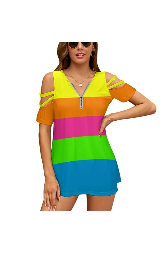 PLAIN SOLID NEON FLUORESCENT RAINBOW STRIPES 5 COLORS Womens Summer V Neck Zipper Top Short Sleeve T Shirt Off Shoulder Top Casual Classy Loose Shirts