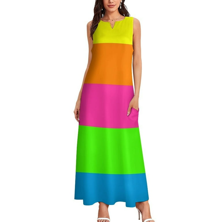 Ladies Dresses Neon Striped Maxi Dress Rainbow Stripe Bardot Midi