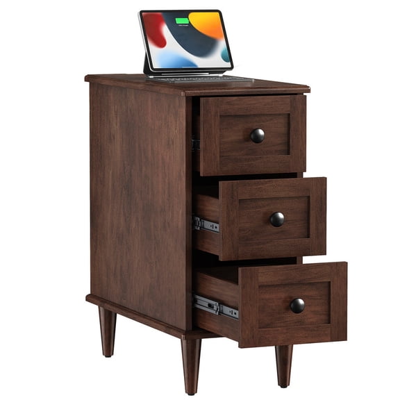 PLAMLE 3-Drawer Narrow End Table with Charging Station, Slim Nightstand with USB & AC Outlets, Small Space Side Table for Bedroom Living Room, Fully Assembled Wood Bedside Table