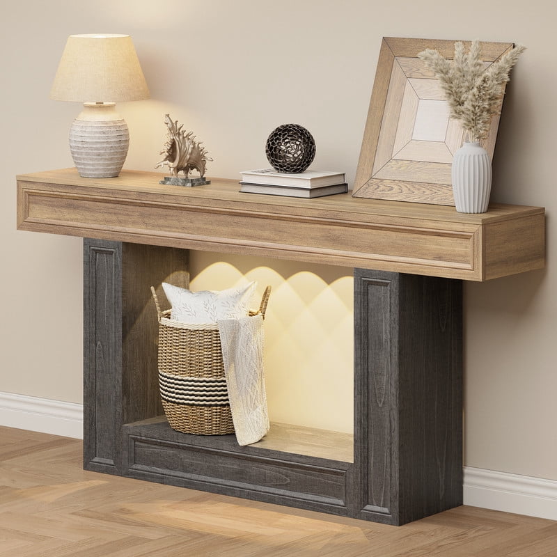 PLAMLE 63 Inch 2-Tier Console Table with Sensor Lights, U-Shaped Base Sofa Table for Entryway, Hallway, Living Room, Foyer, Narrow Small Spaces