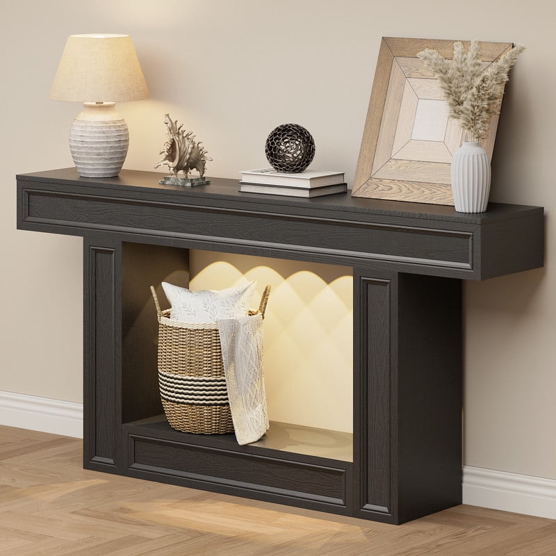 PLAMLE 63 Inch 2-Tier Console Table with Sensor Lights, U-Shaped Base Sofa Table for Entryway, Hallway, Living Room, Foyer, Narrow Small Spaces