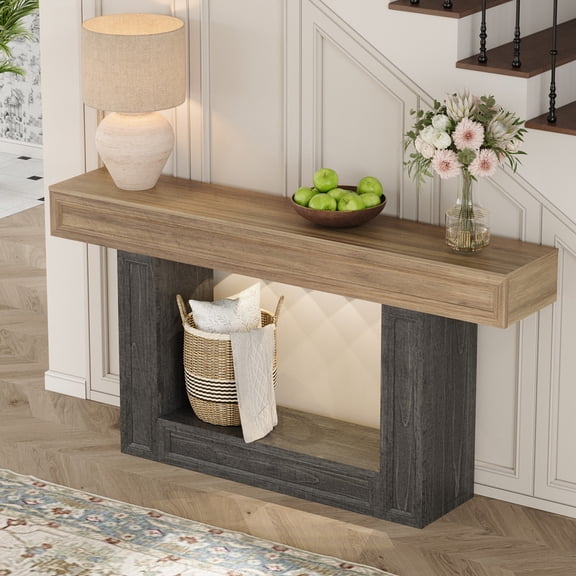 PLAMLE 63 Inch 2-Tier Console Table with Sensor Lights, U-Shaped Base Sofa Table for Entryway, Hallway, Living Room, Foyer, Narrow Small Spaces