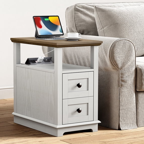 PLAMLE End Table for Living Room with 2 Drawers Farmhouse Narrow Sofa Side Table For Small Spaces Wooden Nightstand with Storage for Bedroom, Dorm, Office