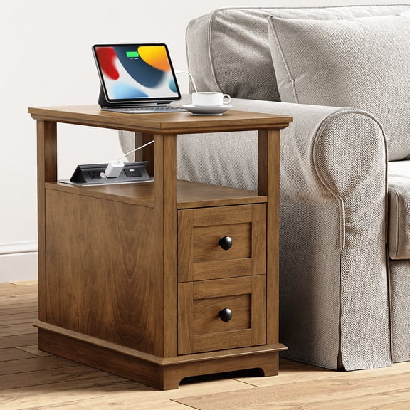 PLAMLE End Table for Living Room with 2 Drawers, Retro Sofa Side Table with Charging Station, Wooden Nightstand End Table with Storage for Bedroom and office
