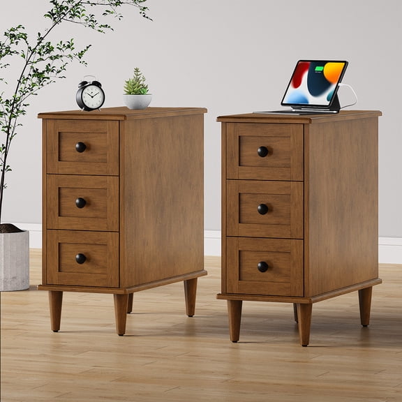 PLAMLE End Table Set of 2 with Charging Station, 3-Drawer Narrow Side Table with USB & AC Outlets, Slim Nightstand for Small Spaces, Fully Assembled Bedside Table for Bedroom Living Room Entryway