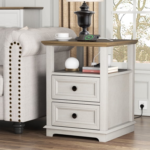 PLAMLE End Table for Living Room with 2 Drawers Retro Sofa Side Table with Charging Station Wooden Nightstand for Bedroom office End Table
