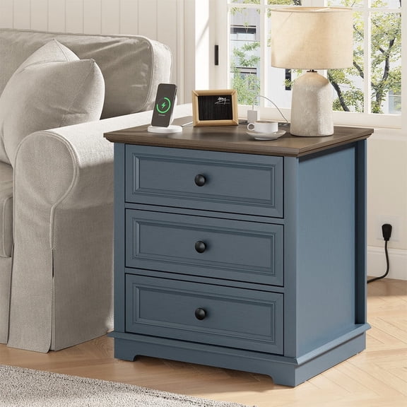 PLAMLE End Table for Living Room with 3 Drawers Storage Retro End Table Table with Charging Station Wooden Nightstand side End Table for Bedroom