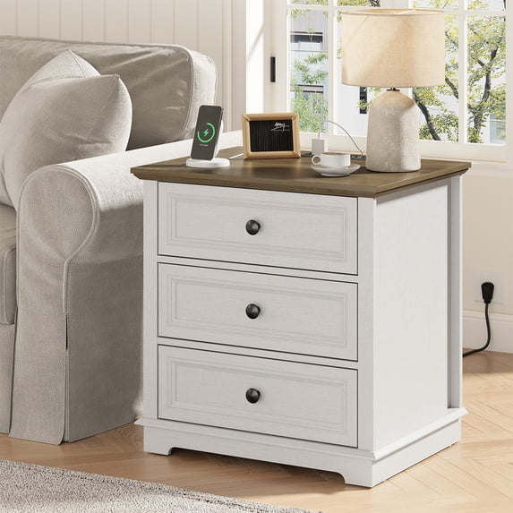 PLAMLE End Table for Living Room with 3 Drawers Storage Retro End Table Table with Charging Station Wooden Nightstand side End Table for Bedroom