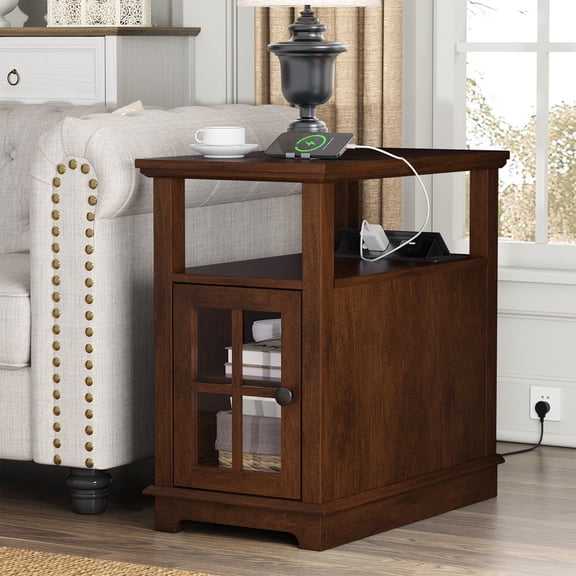 PLAMLE End Table for Living Room with Drawers, Retro Sofa Side Table with Charging Station, Nightstand Bedside Table with Storage For Bedroom