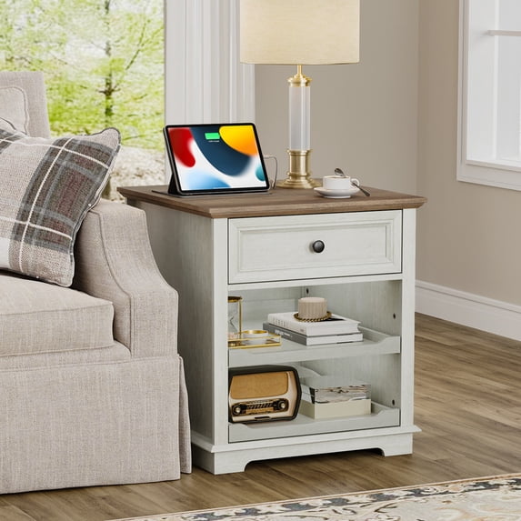 PLAMLE End Table for Living Room with Drawers Storage Retro Sofa Side Table with Charging Station Wooden Nightstand End Table