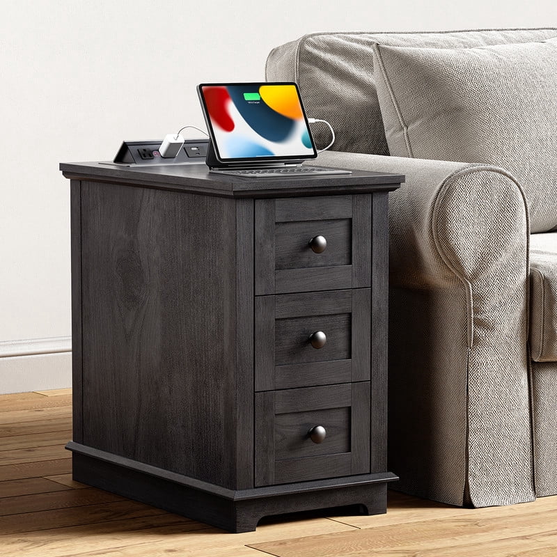 PLAMLE End Table with 3 Drawers for Living Room,Nightstand Sofa Side Table with Charging Station,End Table.