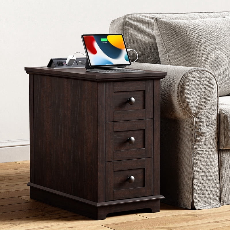 PLAMLE End Table with 3 Drawers for Living Room,Nightstand Sofa Side Table with Charging Station,End Table.