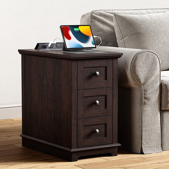 PLAMLE End Table with 3 Drawers for Living Room,Nightstand Sofa Side Table with Charging Station,End Table.