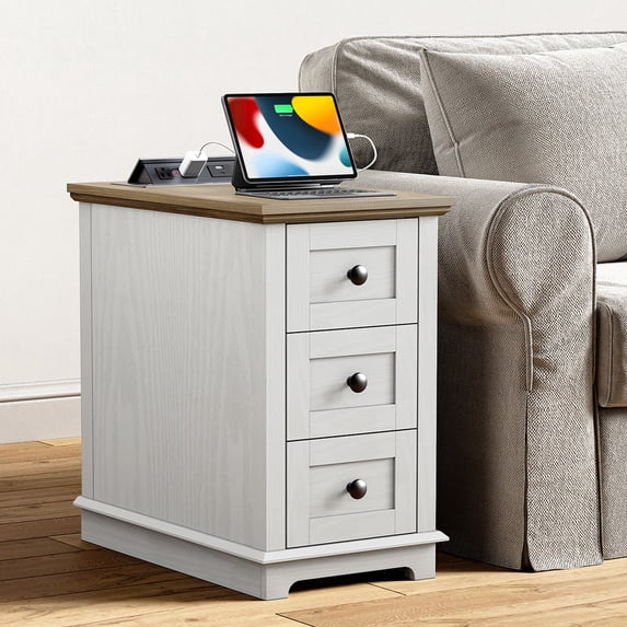 PLAMLE End Table with 3 Drawers for Living Room,Nightstand Sofa Side Table with Charging Station,End Table.