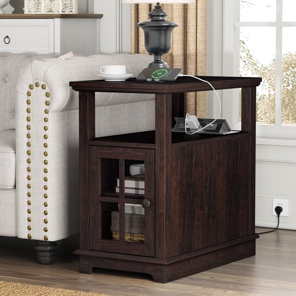 PLAMLE End Tables for Living Room with Storage Shelf,Narrow Sofa Side Table Slim Chair Side Table Adjustable Feet End table for Bedroom