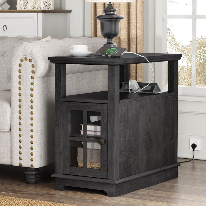 PLAMLE End Tables for Living Room with Storage Shelf,Narrow Sofa Side Table Slim Chair Side Table Adjustable Feet End table for Bedroom