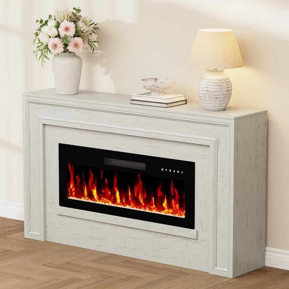 PLAMLE Fireplace Console Table, 55" Entryway Table with 36" Electric Fireplace Insert, Modern Storage Cabinet for Living Room, Hallway