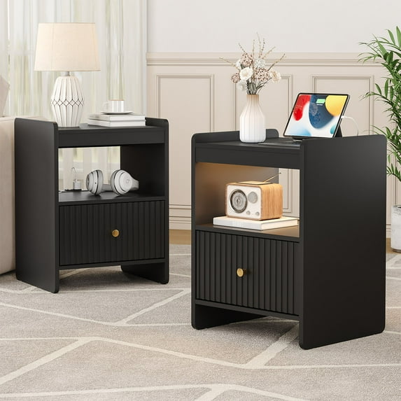 PLAMLE Nightstand side End Table for Bedroom with Drawers Storage Retro End Table Table with Charging Station Wooden for Living Room 2Set