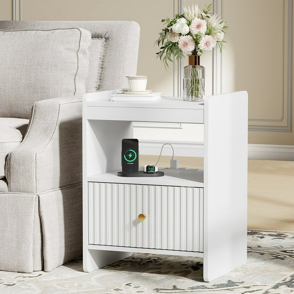PLAMLE Nightstand side End Table for Bedroom with Drawers Storage Retro End Table Table with Charging Station Wooden for Living Room