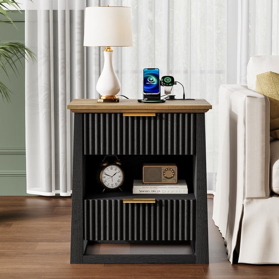 PLAMLE Side Table with Charging Station Contemporary Nightstand with Storage Black Wood Composite 26.3 in L x 18.1 in W x 6.7 in H 1-Pack