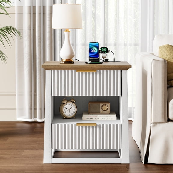PLAMLE Side Table with Charging Station Narrow End Table with Storage Night Stand End Table Nightstand for Bedroom, Living Room End Table