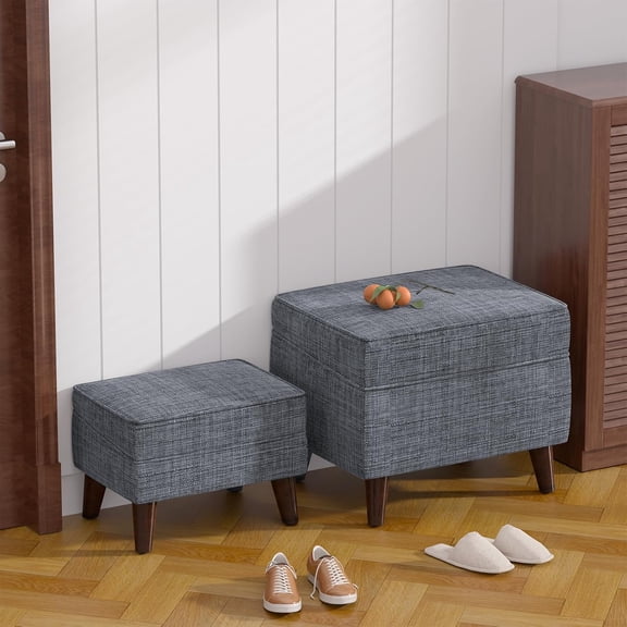 PLAMLE Storage Ottoman with Adjustable Lid, Linen Footrest Stool with Hidden Storage, Wooden Leg Foot Stool for Living Room, Bedroom, Dorm