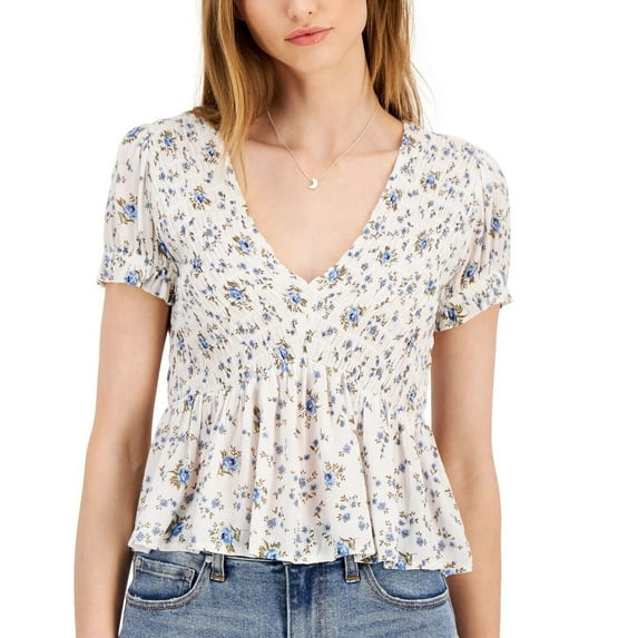 PLANET GOLD Juniors' Smocked Puff-Sleeve Peplum Top Floral Print Size XL B4HP