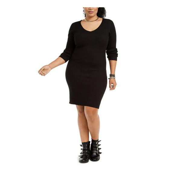 PLANET GOLD PLUS Womens Black Long Sleeve Scoop Neck Above The Knee Cocktail Sheath Dress Plus 2X