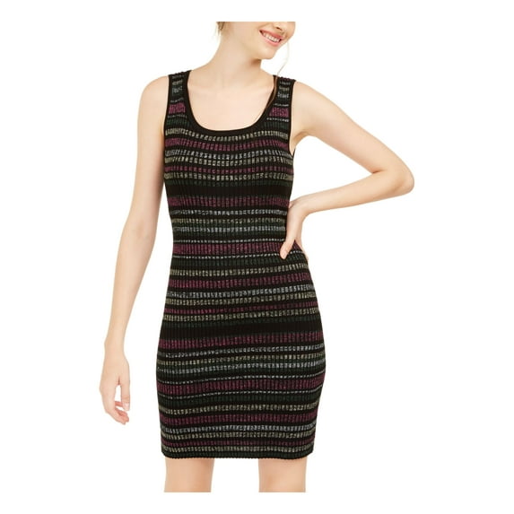 PLANET GOLD Womens Black Glitter Striped Sleeveless Scoop Neck Short Cocktail Sheath Dress 2XS