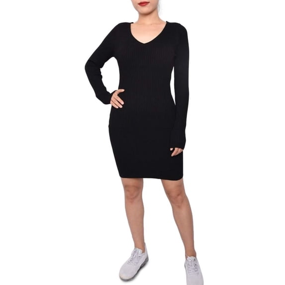 PLANET GOLD Womens Black Long Sleeve V Neck Above The Knee Body Con Dress XS