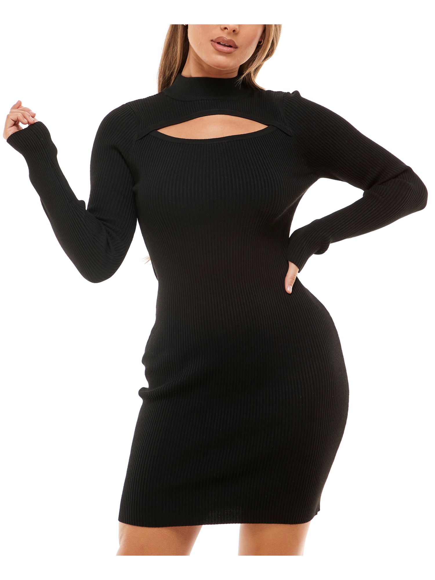 GOLD Womens Black Ribbed Cut Out Long Sleeve Mock Neck Above The
