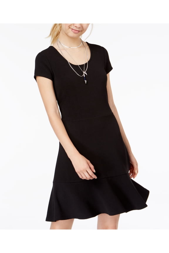 Womens Black Short Sleeve Scoop Neck Above The Knee Party Fit + Flare Dress Juniors M