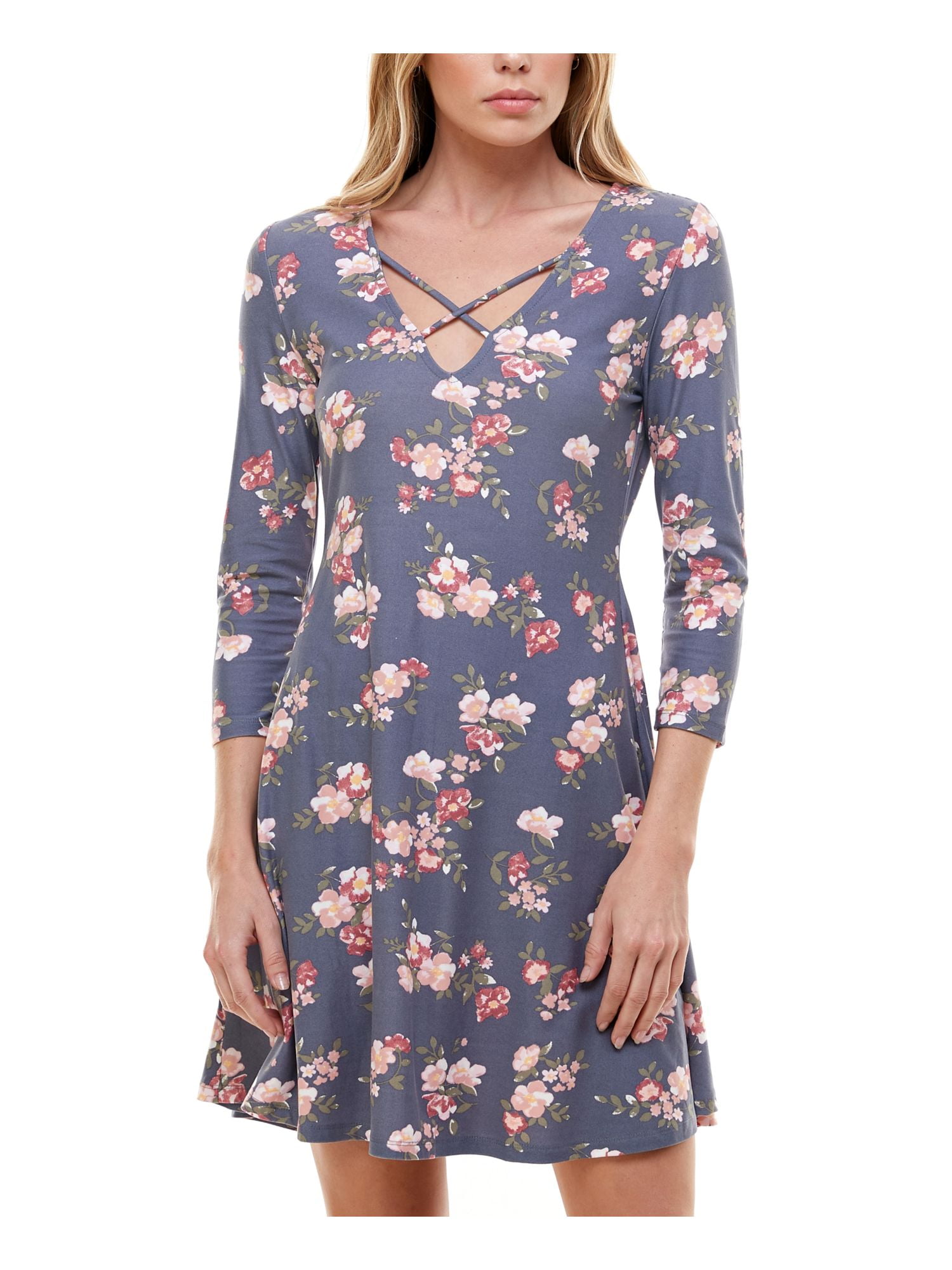 GOLD Womens Gray Floral 3/4 Sleeve V Neck Knee Length ALine