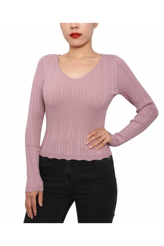 Womens Light Purple Ribbed Strappy-back Long Sleeve V Neck Wear To Work Sweater XL