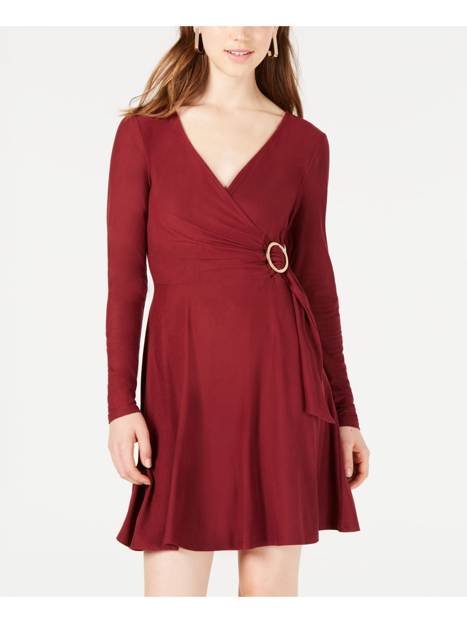 PLANET GOLD Womens Maroon Long Sleeve V Neck Mini Fit + Flare Dress Size: L  - Walmart.com
